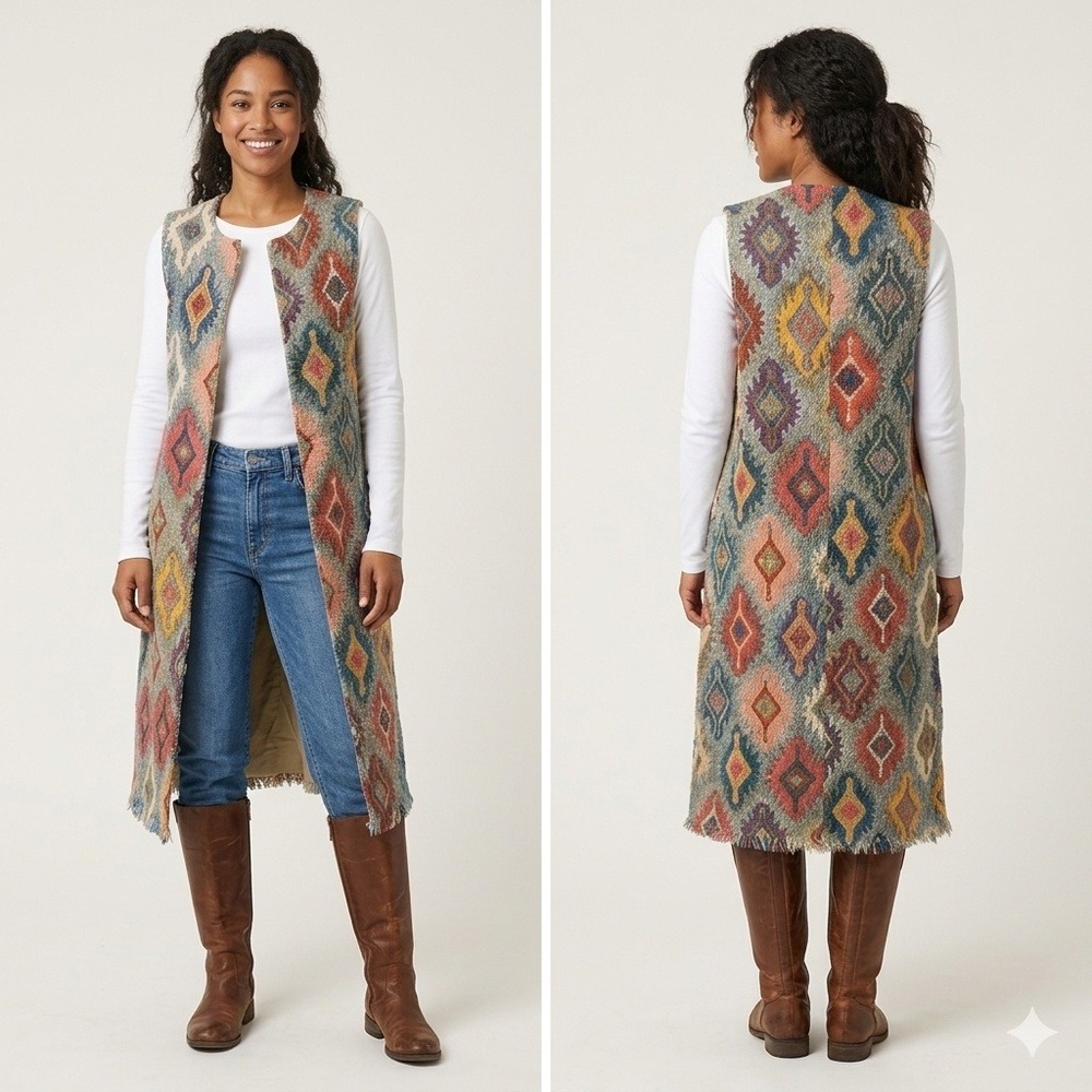 Vilagallo Long Duster Vest Women XS Blue Geometric Boho Kilim Layering